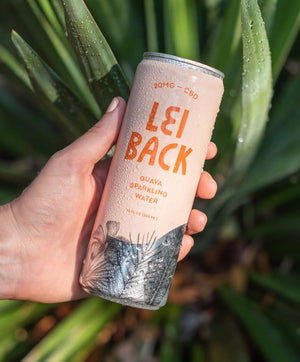 A can of Lei Back Guava Sparkling Water held in someone's hand